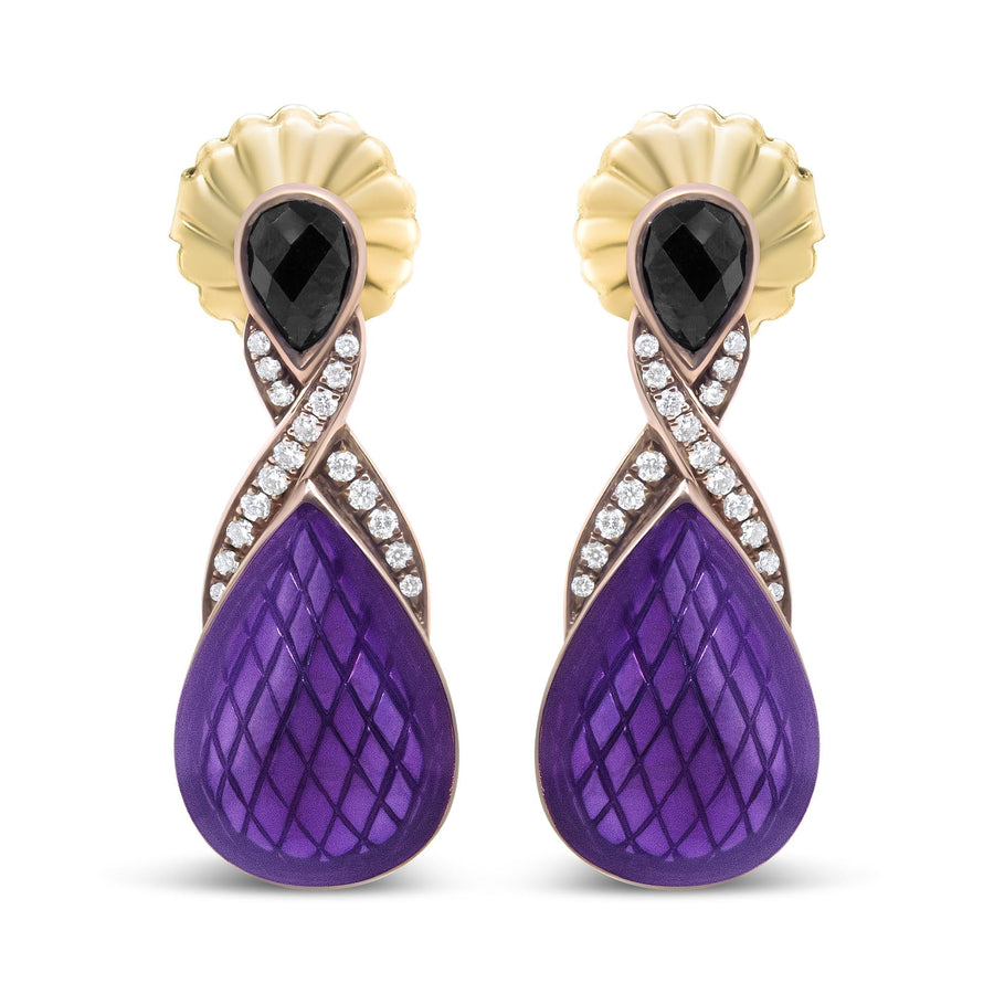 18K Rose Gold Flash Plated .925 Sterling Silver Purple Enamel 1/5 Cttw Round Pave-Set Diamond and 5.5 x 4mm Pear-Shaped Black Onyx Drop Earrings (F-G Color, VS1-VS2 Clarity)