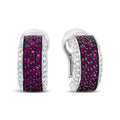 18K white gold huggie hoop earrings with round diamonds and ruby accents