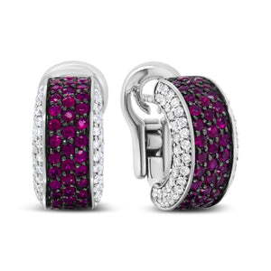 18K White Gold and Black Rhodium Plated 3/4 Cttw Round Diamonds and 1mm Round Red Ruby Huggie Hoop Earrings (F-G Color, VS1-VS2 Clarity)-1