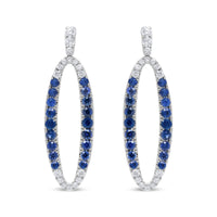 18K White Gold 1.11 Cttw Blue Round Diamond and Blue Sapphire Openwork Oval Shaped Dangle Earrings (F-G Color, VS1-VS2 Clarity)