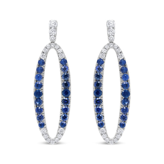 18K White Gold 1.11 Cttw Blue Round Diamond and Blue Sapphire Openwork Oval Shaped Dangle Earrings (F-G Color, VS1-VS2 Clarity)-0
