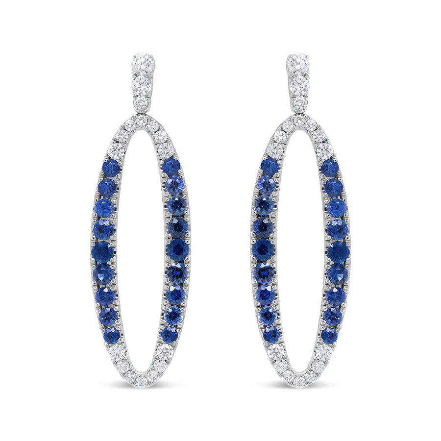 18K White Gold 1.11 Cttw Blue Round Diamond and Blue Sapphire Openwork Oval Shaped Dangle Earrings (F-G Color, VS1-VS2 Clarity)