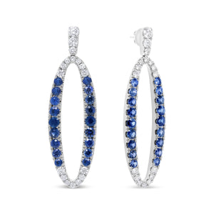 18K White Gold 1.11 Cttw Blue Round Diamond and Blue Sapphire Openwork Oval Shaped Dangle Earrings (F-G Color, VS1-VS2 Clarity)-1
