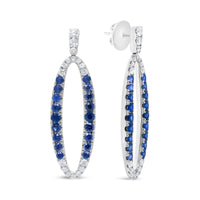 18K White Gold 1.11 Cttw Blue Round Diamond and Blue Sapphire Openwork Oval Shaped Dangle Earrings (F-G Color, VS1-VS2 Clarity)