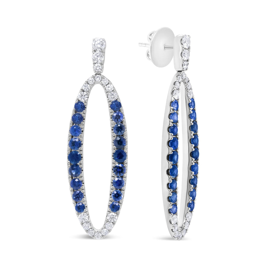 18K White Gold 1.11 Cttw Blue Round Diamond and Blue Sapphire Openwork Oval Shaped Dangle Earrings (F-G Color, VS1-VS2 Clarity)