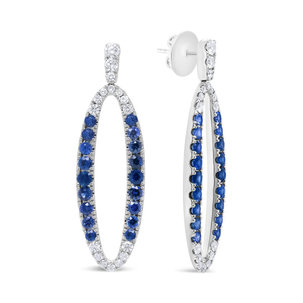 18K White Gold 1.11 Cttw Blue Round Diamond and Blue Sapphire Openwork Oval Shaped Dangle Earrings (F-G Color, VS1-VS2 Clarity)