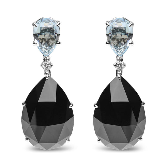 18K white gold dangle earrings with pear diamond, sky blue topaz and black onyx stones
