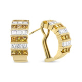 18K yellow gold huggie hoop earrings with princess cut diamonds and yellow sapphire thumbnail 1