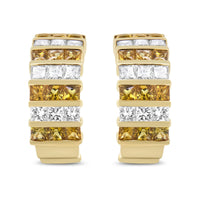 18K Yellow Gold 1 3/4 Cttw Invisible Set Princess Cut Diamond and 2.5mm Yellow Sapphire Huggie Hoop Earrings (F-G Color, VS1-VS2 Clarity)