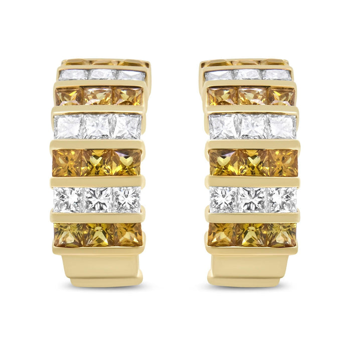 18K Yellow Gold 1 3/4 Cttw Invisible Set Princess Cut Diamond and 2.5mm Yellow Sapphire Huggie Hoop Earrings (F-G Color, VS1-VS2 Clarity)