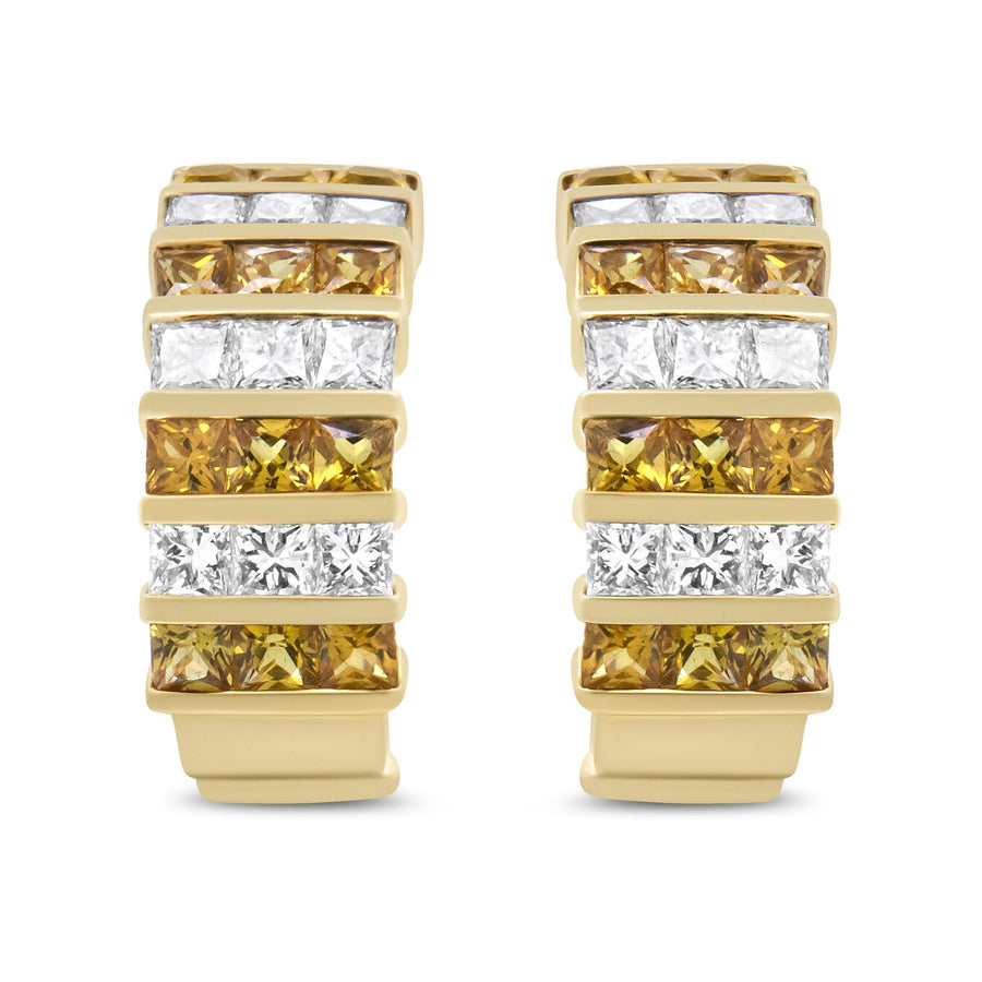18K Yellow Gold 1 3/4 Cttw Invisible Set Princess Cut Diamond and 2.5mm Yellow Sapphire Huggie Hoop Earrings (F-G Color, VS1-VS2 Clarity)