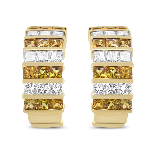 18K Yellow Gold 1 3/4 Cttw Invisible Set Princess Cut Diamond and 2.5mm Yellow Sapphire Huggie Hoop Earrings (F-G Color, VS1-VS2 Clarity)