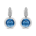 18K white gold earrings with 11mm round blue topaz and bezel-set diamond stones