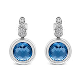 18K white gold earrings with 11mm round blue topaz and bezel-set diamond stones thumbnail 1