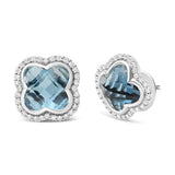 18K White Gold 3/8 Cttw Diamond and 11x11mm Clover-Cut London Blue Topaz Gemstone Halo Clover Stud Earrings (G-H Color, SI1-SI2 Clarity)-1 thumbnail 2