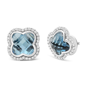 18K White Gold 3/8 Cttw Diamond and 11x11mm Clover-Cut London Blue Topaz Gemstone Halo Clover Stud Earrings (G-H Color, SI1-SI2 Clarity)-1