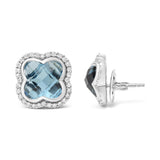 18K White Gold 3/8 Cttw Diamond and 11x11mm Clover-Cut London Blue Topaz Gemstone Halo Clover Stud Earrings (G-H Color, SI1-SI2 Clarity)-3 thumbnail 4