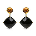 18K yellow gold ring with round citrine, cushion onyx, and round diamond stones