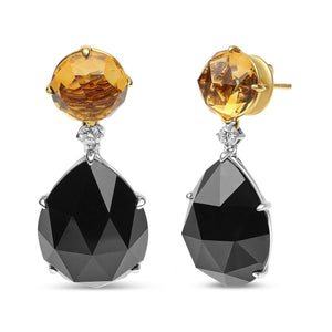 18K White and Yellow Gold 1/5 Cttw Diamond with Round Yellow Citrine and 20x15mm Pear Cut Black Onyx Gemstone Dangle Earring (G-H Color, SI1-SI2 Clarity)-1