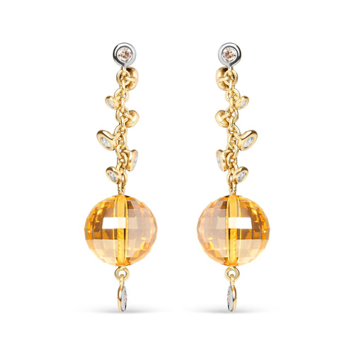 18K Yellow Gold 2/3 Cttw Round Bezel Diamond and 25mm Ball Shaped Yellow Citrine Gemstone Dangle Stud Earring (Brown and G-H Color, SI1-SI2 Clarity)
