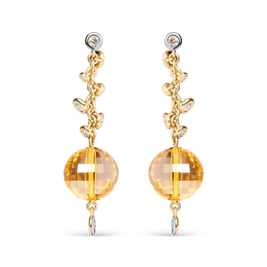 18K Yellow Gold 2/3 Cttw Round Bezel Diamond and 25mm Ball Shaped Yellow Citrine Gemstone Dangle Stud Earring (Brown and G-H Color, SI1-SI2 Clarity)-0