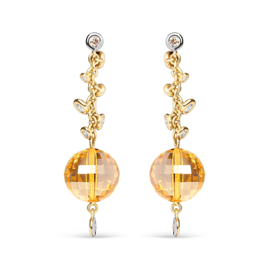 18K Yellow Gold 2/3 Cttw Round Bezel Diamond and 25mm Ball Shaped Yellow Citrine Gemstone Dangle Stud Earring (Brown and G-H Color, SI1-SI2 Clarity)