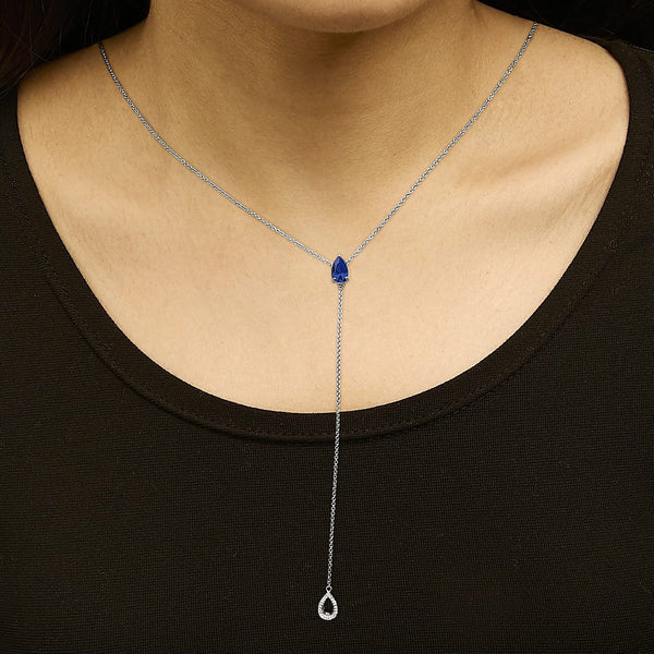 Sterling Silver Created Blue Sapphire and Diamond Accent Y Necklace