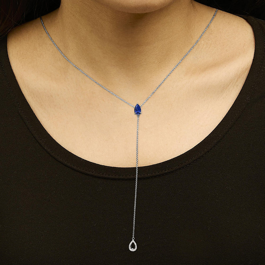 Sterling Silver Created Blue Sapphire and Diamond Accent Y Necklace