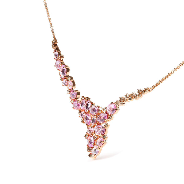 18K Rose Gold 1/2 Cttw Brown Diamond and Multi-Size Oval Pink Sapphire Cluster Cascade Statement Station Necklace (Brown Color, SI1-SI2 Clarity) - Adjustable up to 14