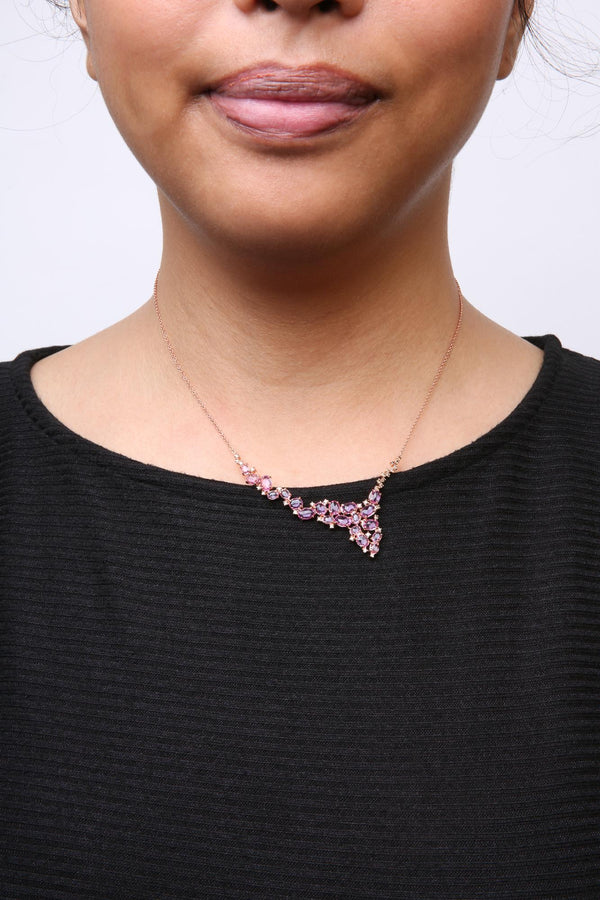 18K Rose Gold 1/2 Cttw Brown Diamond and Multi-Size Oval Pink Sapphire Cluster Cascade Statement Station Necklace (Brown Color, SI1-SI2 Clarity) - Adjustable up to 14