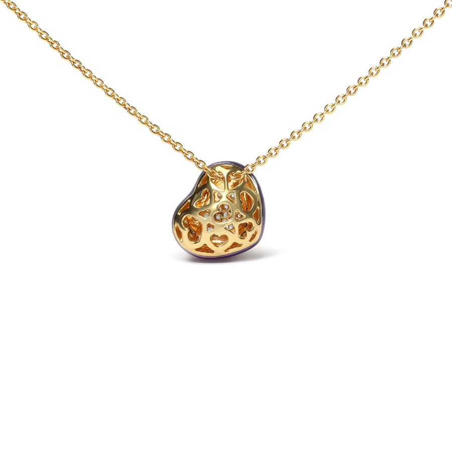 18K Yellow Gold Blue Enamel 1/10 Cttw Round Pave Diamonds Heart Shape 18