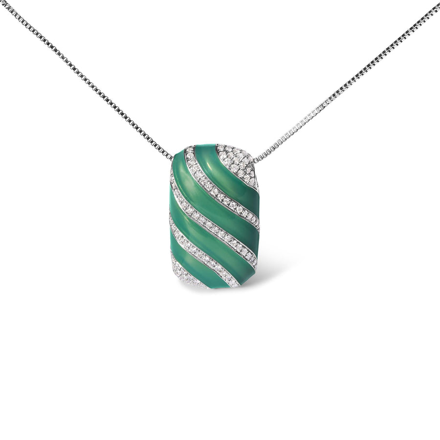 .925 Sterling Silver Turquoise Enamel and 1/2 Cttw Diamond Block 18