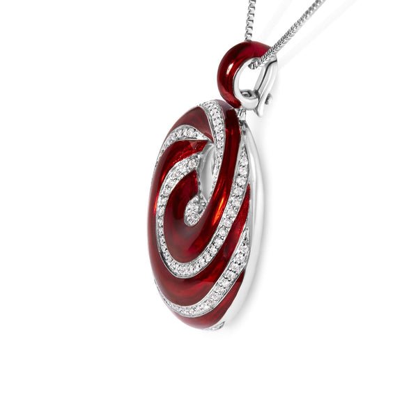 .925 Sterling Silver Red Enamel and 1/2 Diamond Endless Swirl Medallion 18