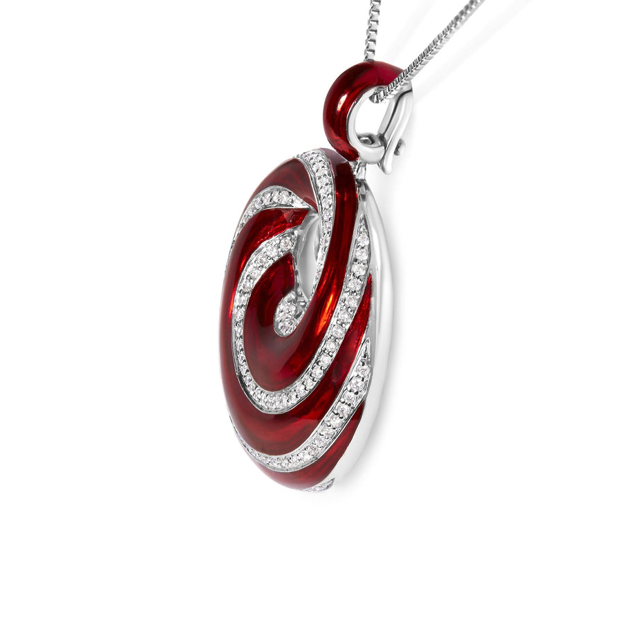 .925 Sterling Silver Red Enamel and 1/2 Diamond Endless Swirl Medallion 18