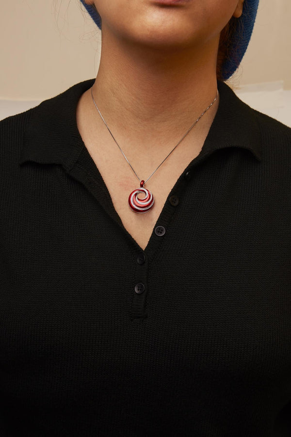 .925 Sterling Silver Red Enamel and 1/2 Diamond Endless Swirl Medallion 18