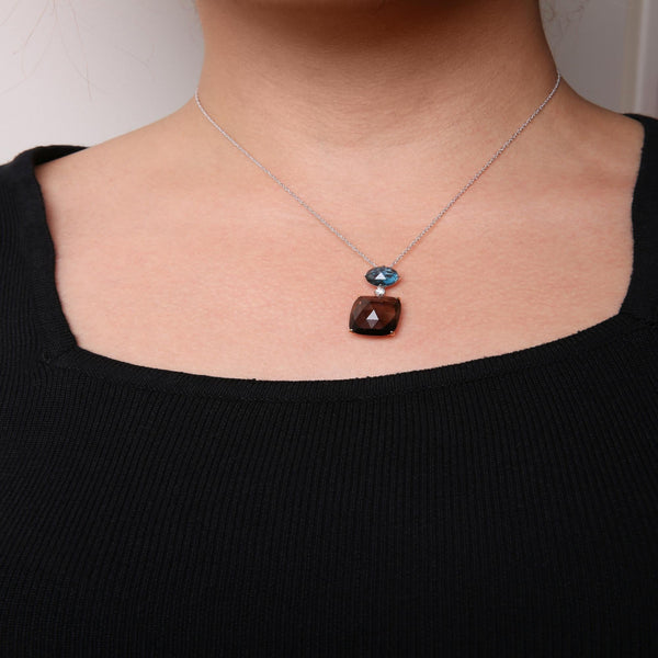 18K Rose and White Gold Diamond Accent and London Blue Topaz and Cushion Cut Smoky Quartz Gemstone Dangle Drop 18