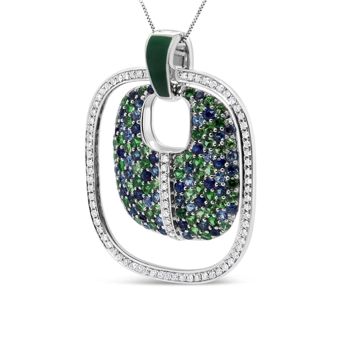 .925 Sterling Silver Green Enamel Pendant with 1/2 Cttw Diamond, Sapphire, and Tsavorite Openwork Statement 18
