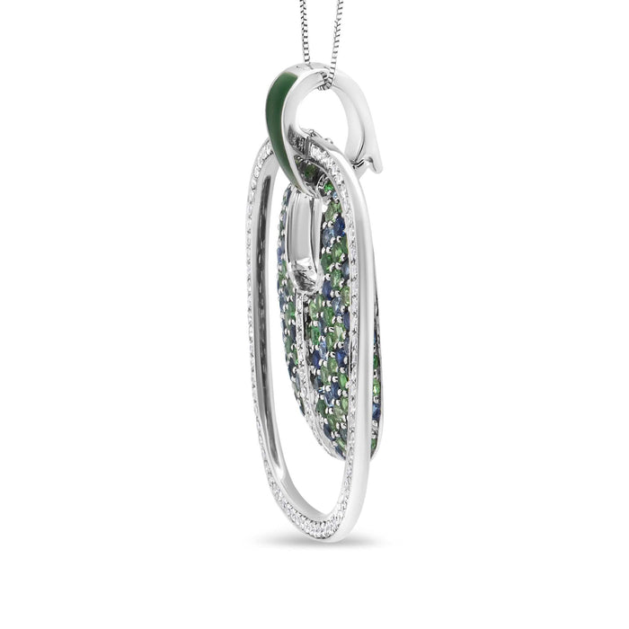 .925 Sterling Silver Green Enamel Pendant with 1/2 Cttw Diamond, Sapphire, and Tsavorite Openwork Statement 18