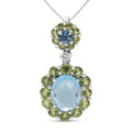 18K white gold necklace with round diamond, blue topaz, and green peridot halo pendant