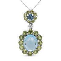 18k White Gold 0.05 Cttw Round Diamond and Blue Topaz and Green Peridot Gemstone Halo Drop 18