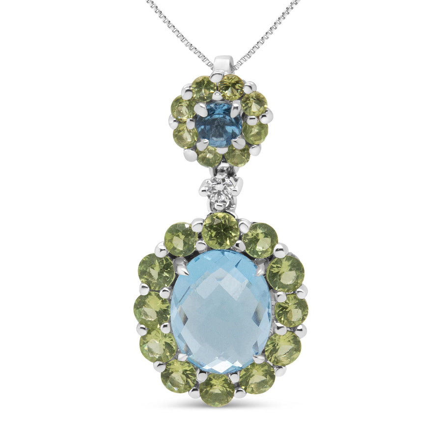 18k White Gold 0.05 Cttw Round Diamond and Blue Topaz and Green Peridot Gemstone Halo Drop 18