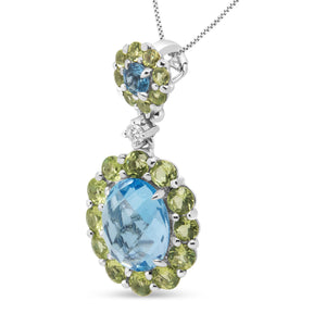 18k White Gold 0.05 Cttw Round Diamond and Blue Topaz and Green Peridot Gemstone Halo Drop 18