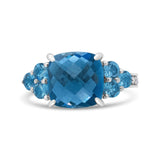 18K White Gold 10mm Cushion Shaped Blue Topaz and 1/6 Cttw Diamond 3 Stone Style Ring (F-G Color, VS1-VS2 Clarity)-0 thumbnail 1