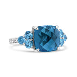 18K White Gold 10mm Cushion Shaped Blue Topaz and 1/6 Cttw Diamond 3 Stone Style Ring (F-G Color, VS1-VS2 Clarity)-1 thumbnail 2