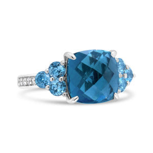 18K White Gold 10mm Cushion Shaped Blue Topaz and 1/6 Cttw Diamond 3 Stone Style Ring (F-G Color, VS1-VS2 Clarity)-1