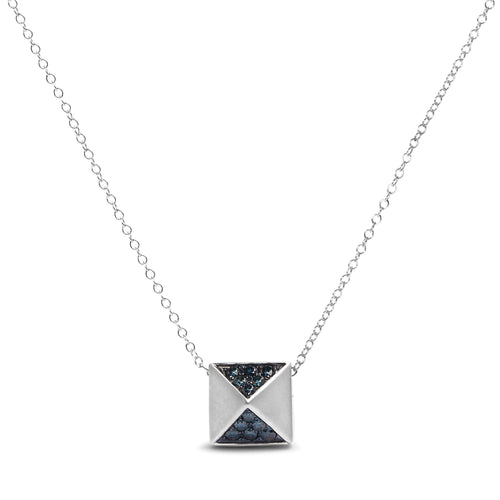 14K White Gold 1/4 Cttw Treated Blue Diamond Matte Finished Pyramid Pendant Necklace (Blue Color, SI1-SI2 Clarity) - 18