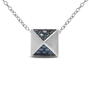 14K White Gold 1/4 Cttw Treated Blue Diamond Matte Finished Pyramid Pendant Necklace (Blue Color, SI1-SI2 Clarity) - 18