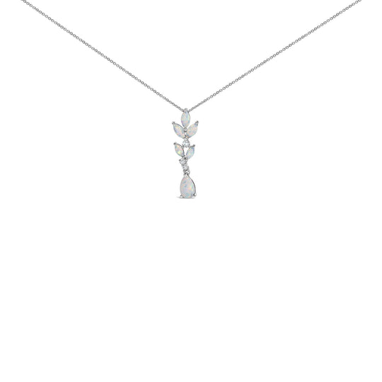 925 Sterling Silver Created White Opal and White Sapphire Leaf Drop Pendant Necklace