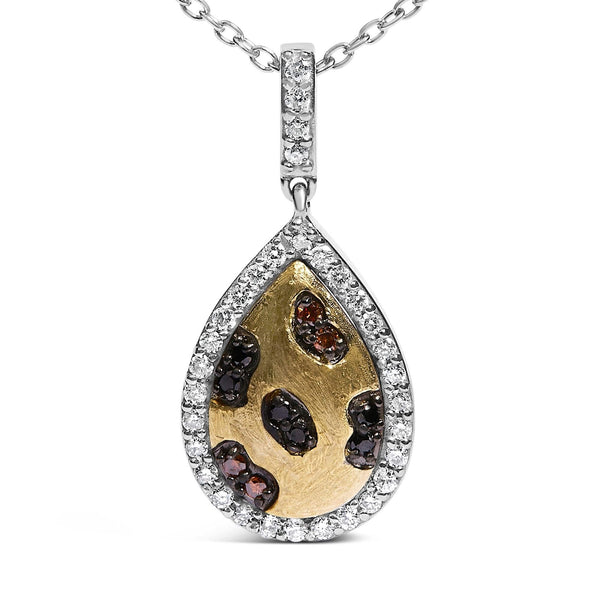 10K Yellow Gold Plated Sterling Silver Mixed Color Diamond Accent Pear Halo Pendant Necklace