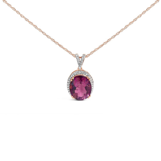 14K Rose Gold Vermeil Sterling Silver 1/5 Cttw Diamond Pink Quartz Oval Pendant Necklace-0